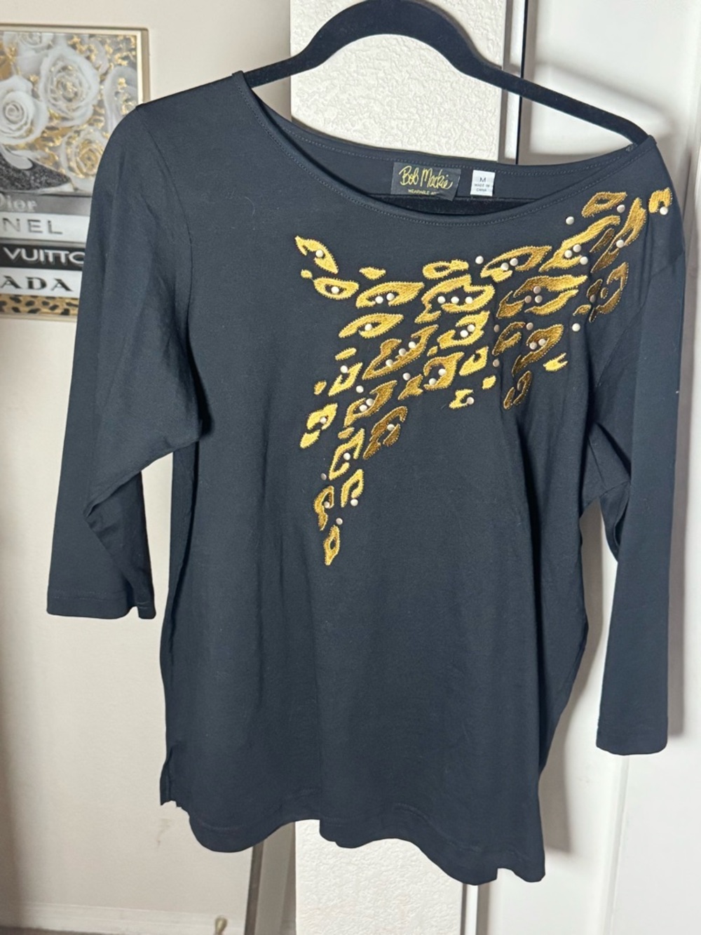 Bob Mackie Black Long Sleeve Top with Gold Embellished Detail